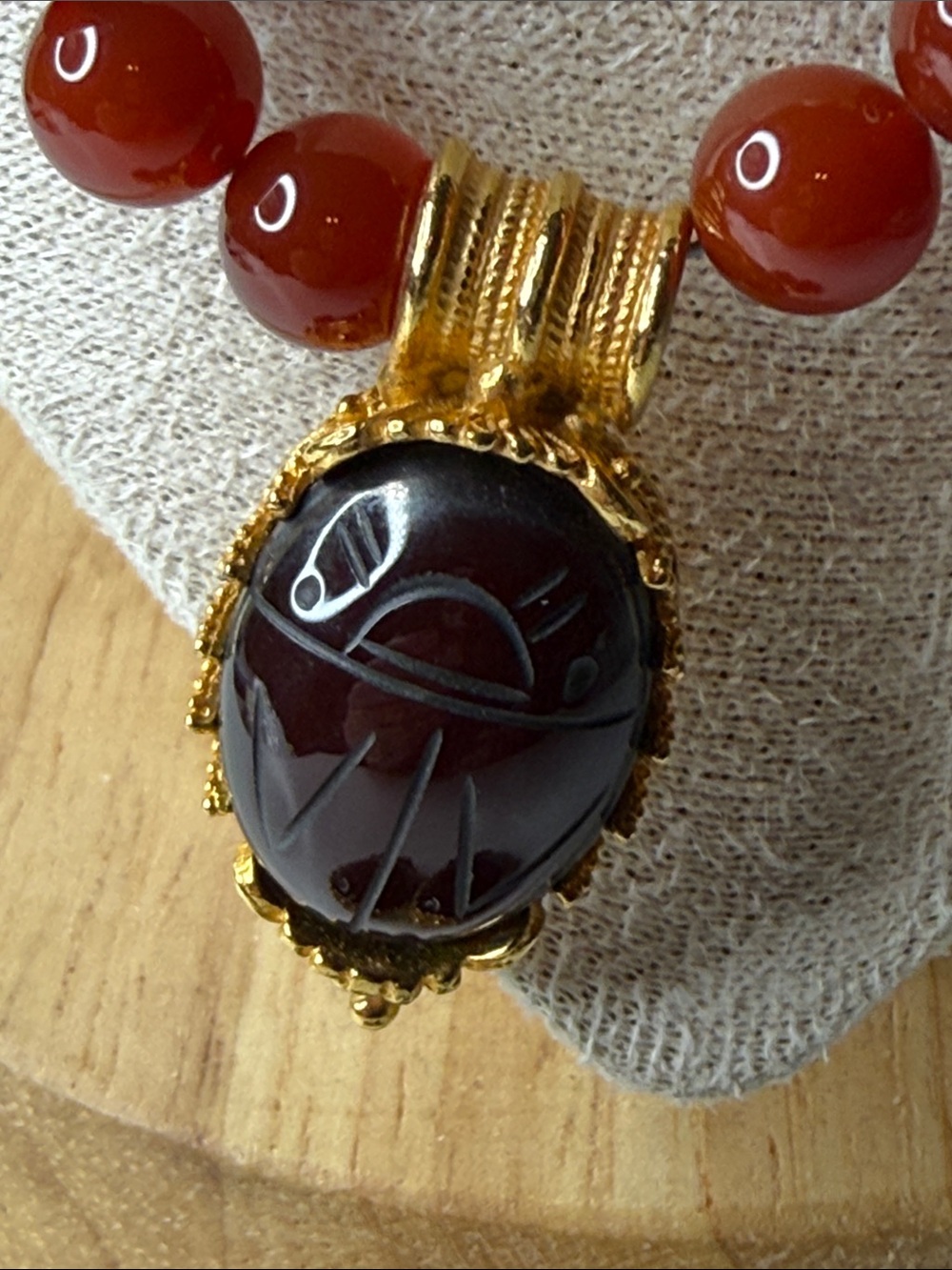 Vintage MMA Carnelian Bead Necklace earring Gold plate Scarab Egyptian revival⭐️ - Picture 5 of 17